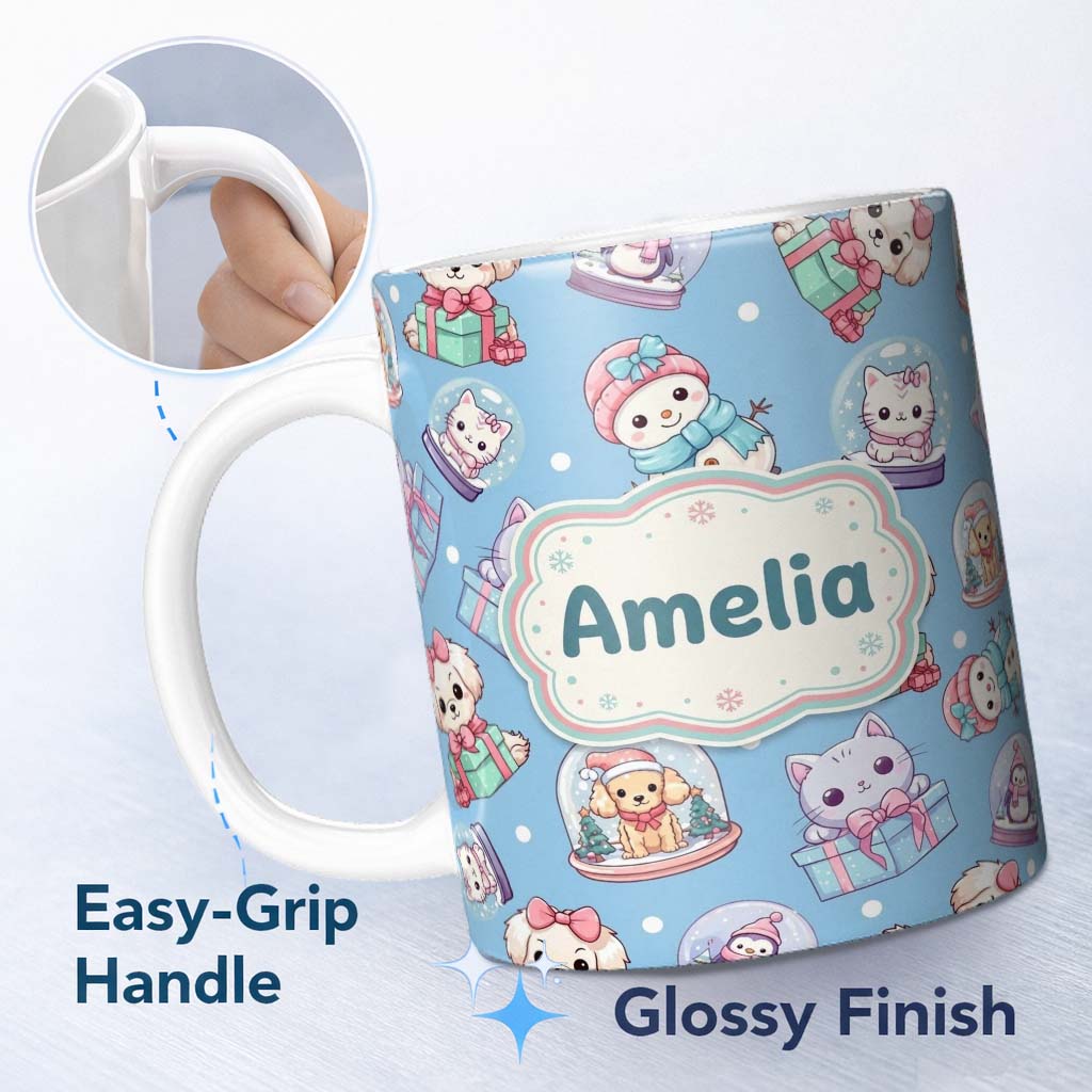 Personalized Custom Name Cute Kittens Puppies Snow Globes Blue Background Seamless Pattern 11oz Ceramic Coffee Tea Mug White Large Handle