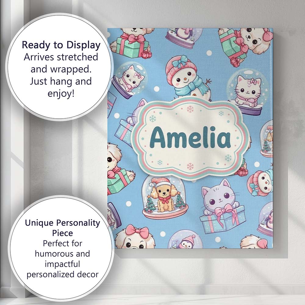 Personalised Name Cute Kittens Puppies Snow Custom Bespoke Interior Contemporary Canvas Wall Art Print Decor Picture Ready to Hang