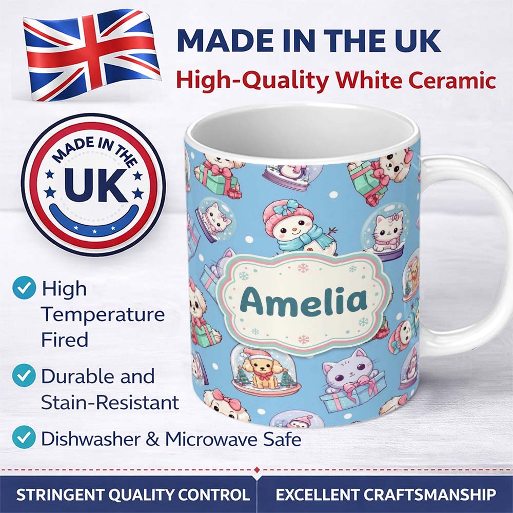 Personalized Custom Name Cute Kittens Puppies Snow Globes Blue Background Seamless Pattern 11oz Ceramic Coffee Tea Mug White Large Handle