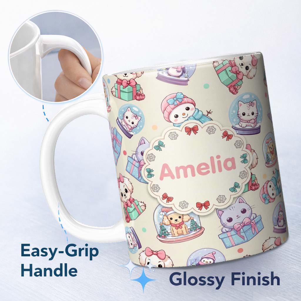 Personalized Custom Name Cute Kittens Puppies Snow Globes Cream Background Seamless Pattern 11oz Ceramic Coffee Tea Mug White Large Handle