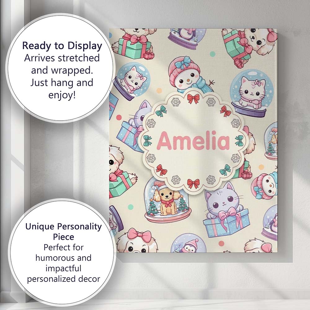 Personalised Name Cute Kittens Puppies Snow Custom Bespoke Interior Contemporary Canvas Wall Art Print Decor Picture Ready to Hang