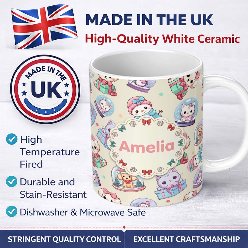 Personalized Custom Name Cute Kittens Puppies Snow Globes Cream Background Seamless Pattern 11oz Ceramic Coffee Tea Mug White Large Handle