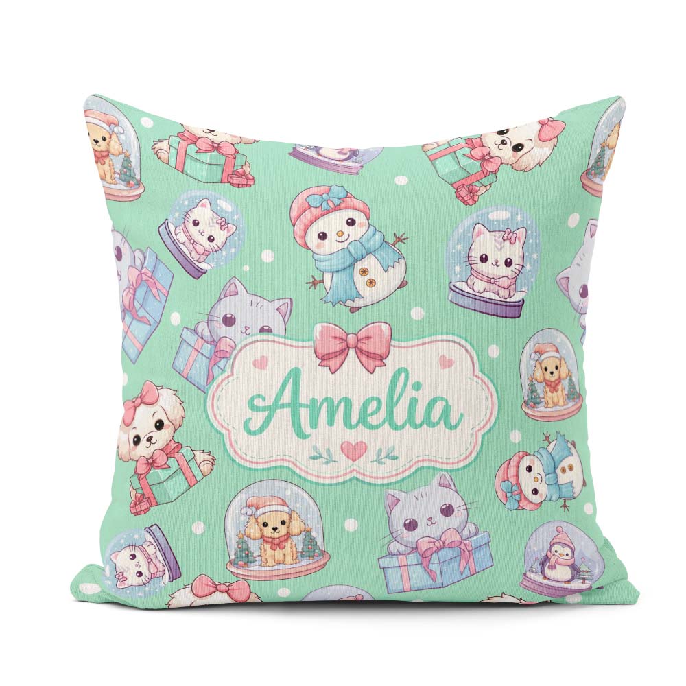 Custom Name Kittens Puppies Snow Globes Mint Background Seamless Square Filled Cushion Throw Pillow Sofa Bed Home Decor Zip Washable UK Made