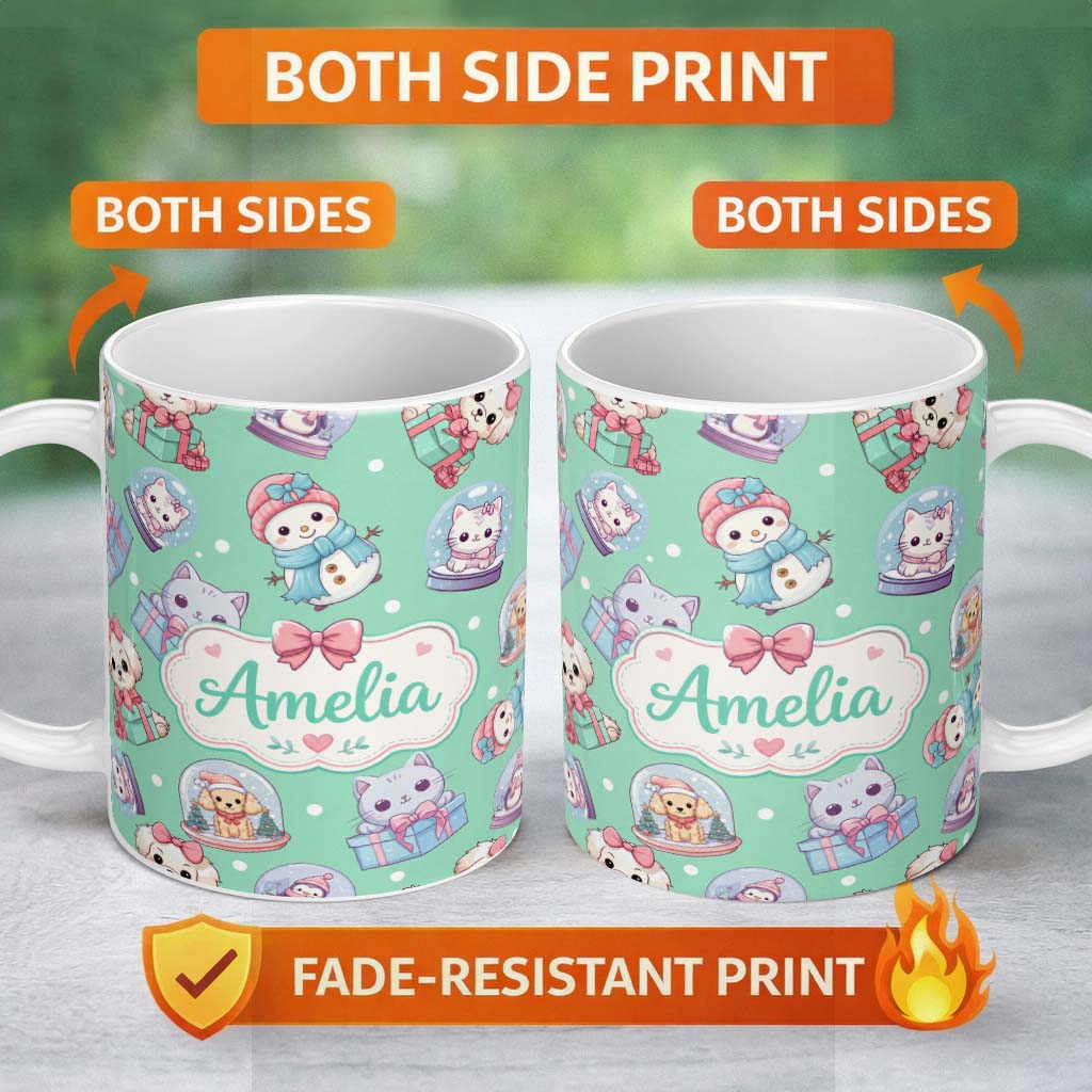 Personalized Custom Name Cute Kittens Puppies Snow Globes Mint Background Seamless Pattern 11oz Ceramic Coffee Tea Mug White Large Handle