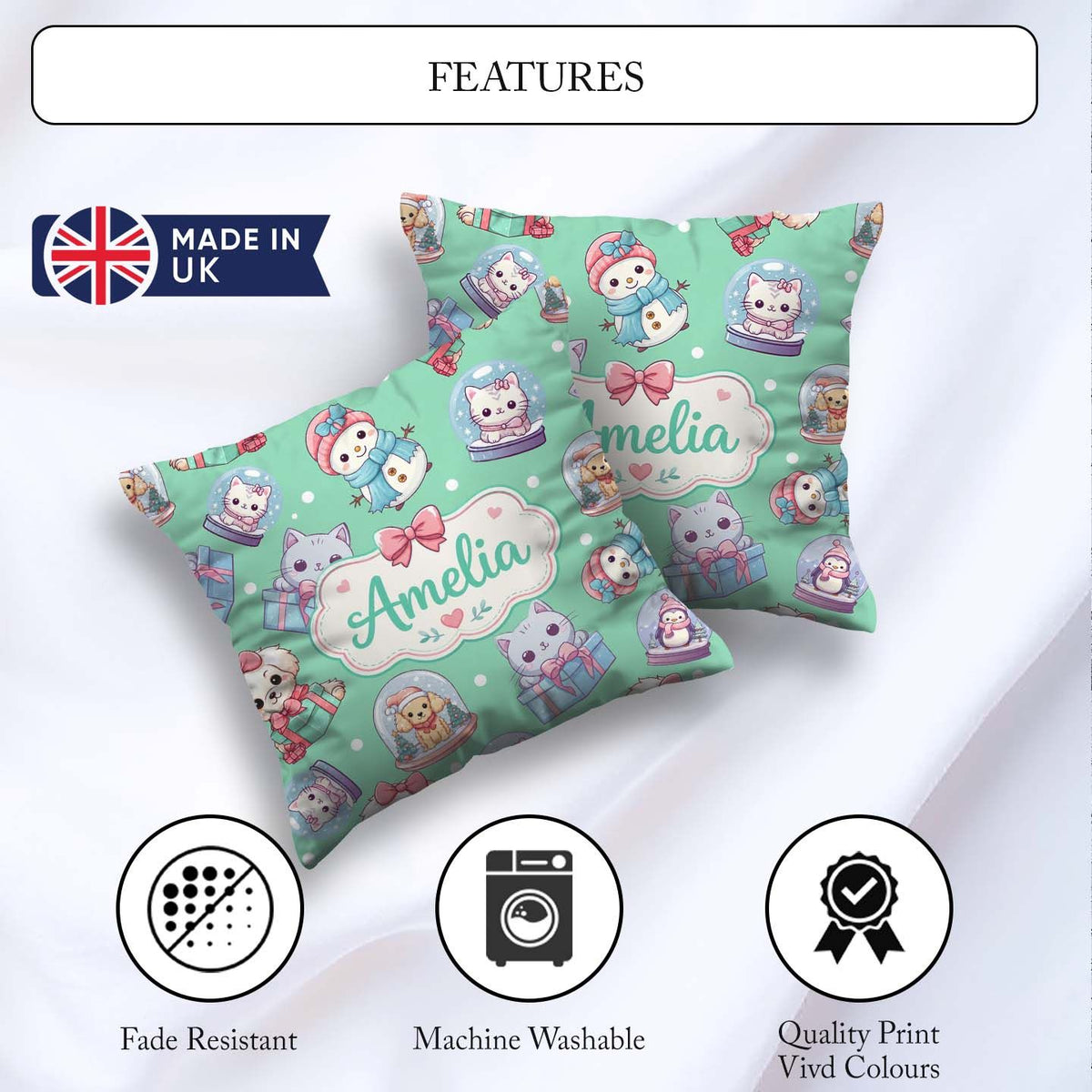 Custom Name Kittens Puppies Snow Globes Mint Background Seamless Square Filled Cushion Throw Pillow Sofa Bed Home Decor Zip Washable UK Made