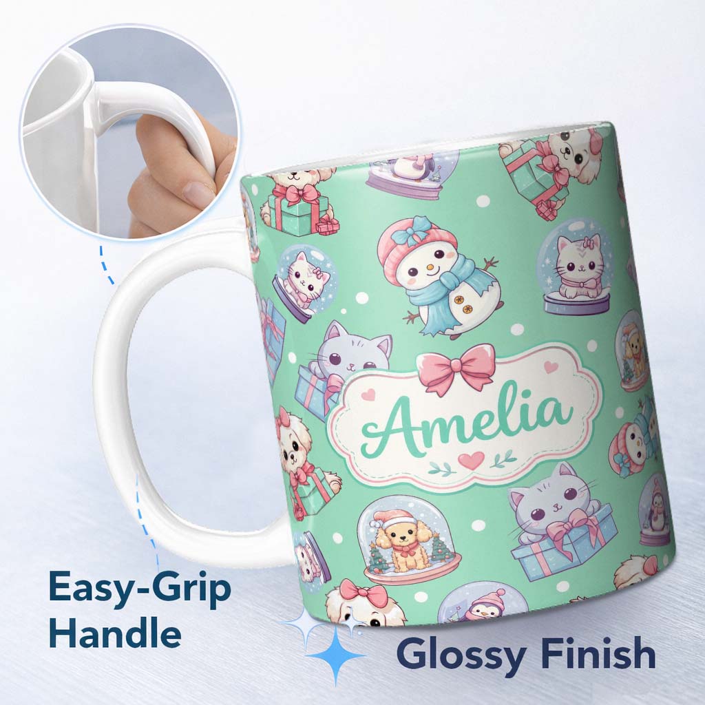 Personalized Custom Name Cute Kittens Puppies Snow Globes Mint Background Seamless Pattern 11oz Ceramic Coffee Tea Mug White Large Handle