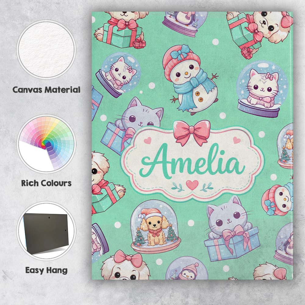 Personalised Name Cute Kittens Puppies Snow Custom Bespoke Interior Contemporary Canvas Wall Art Print Decor Picture Ready to Hang