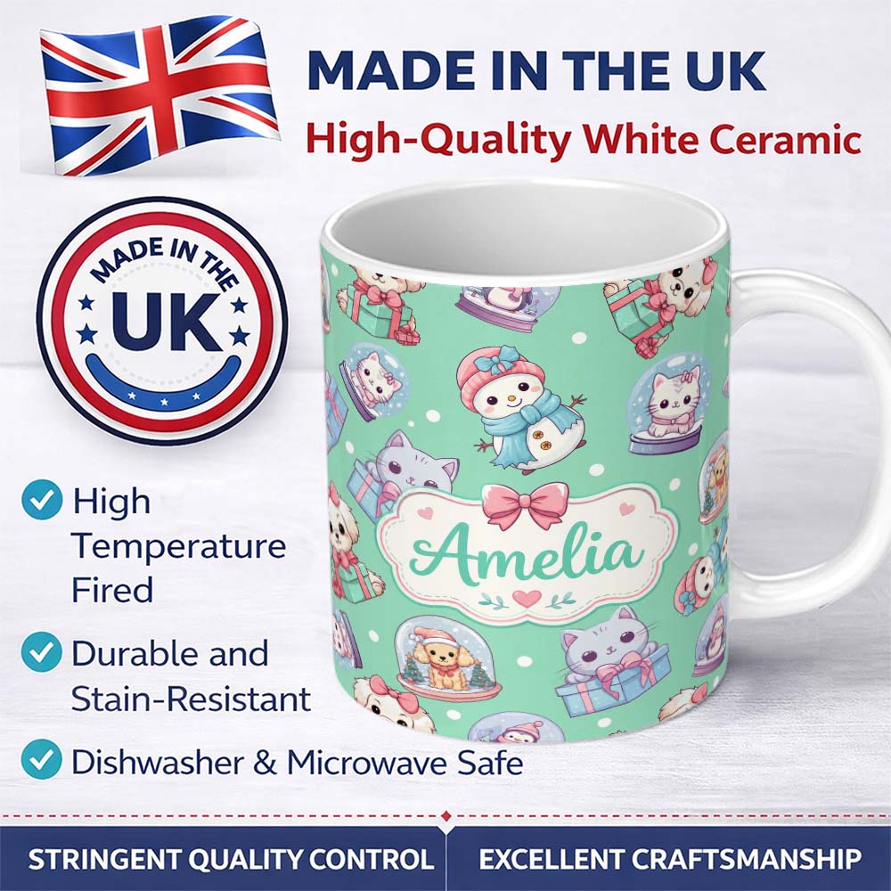 Personalized Custom Name Cute Kittens Puppies Snow Globes Mint Background Seamless Pattern 11oz Ceramic Coffee Tea Mug White Large Handle