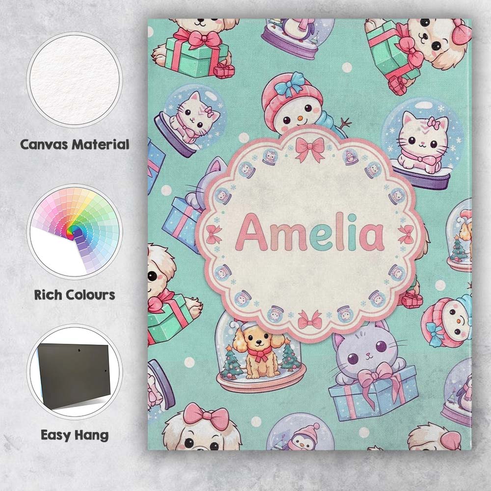 Personalised Name Cute Kittens Puppies Snow Custom Bespoke Interior Contemporary Canvas Wall Art Print Decor Picture Ready to Hang