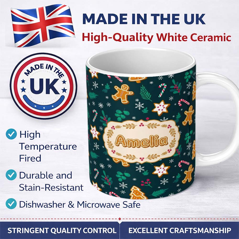 Personalized Custom Name Cute Gingerbread Candy Cane Star Holly Seamless Pattern Festive 11oz Ceramic Coffee Tea Mug White Large Handle