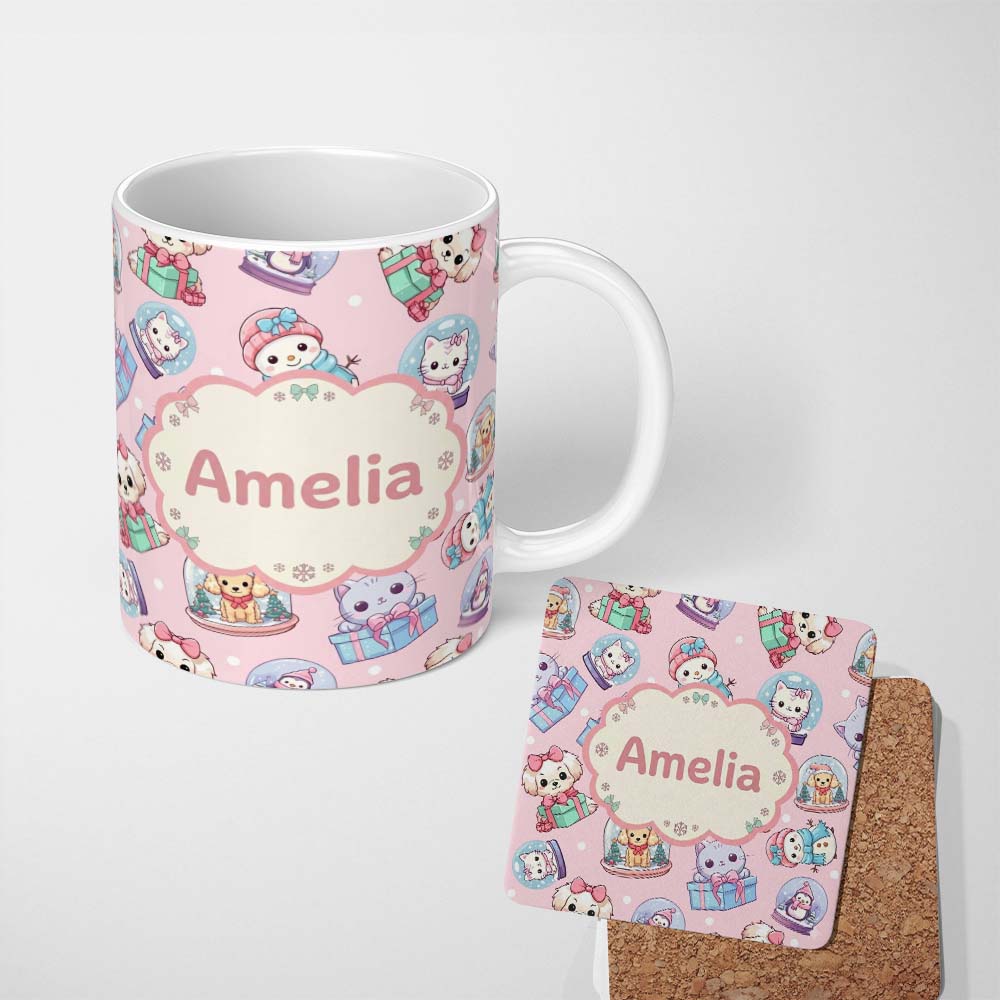 Personalized Custom Name Cute Kittens Puppies Snow Globes Pink Background Seamless Pattern 11oz Ceramic Coffee Tea Mug White Large Handle