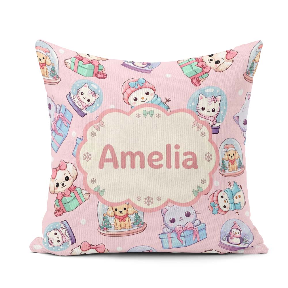 Custom Name Kittens Puppies Snow Globes Pink Background Seamless Square Filled Cushion Throw Pillow Sofa Bed Home Decor Zip Washable UK Made