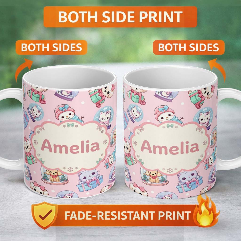 Personalized Custom Name Cute Kittens Puppies Snow Globes Pink Background Seamless Pattern 11oz Ceramic Coffee Tea Mug White Large Handle