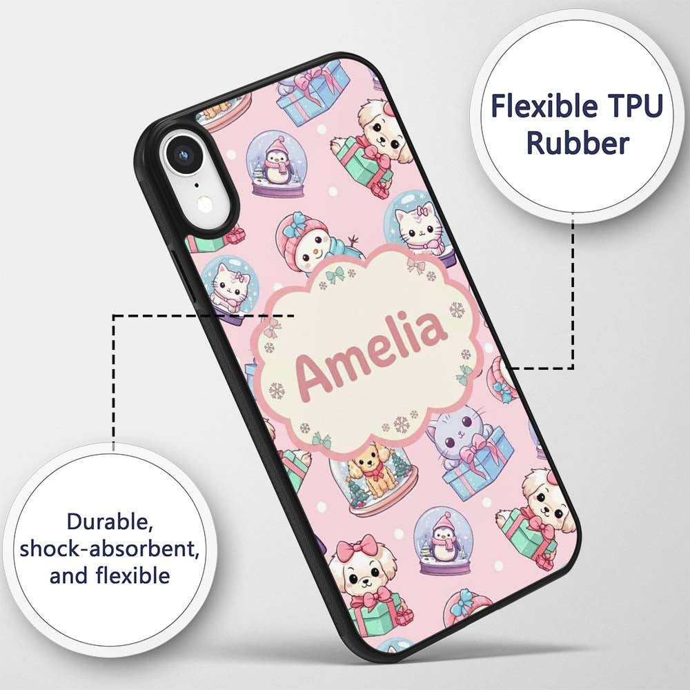 Cute Kittens Puppies Snow Globes Pink Background Custom Name Protective Phone Case Mobile Cover Durable Everyday Smartphone Shock Resistant