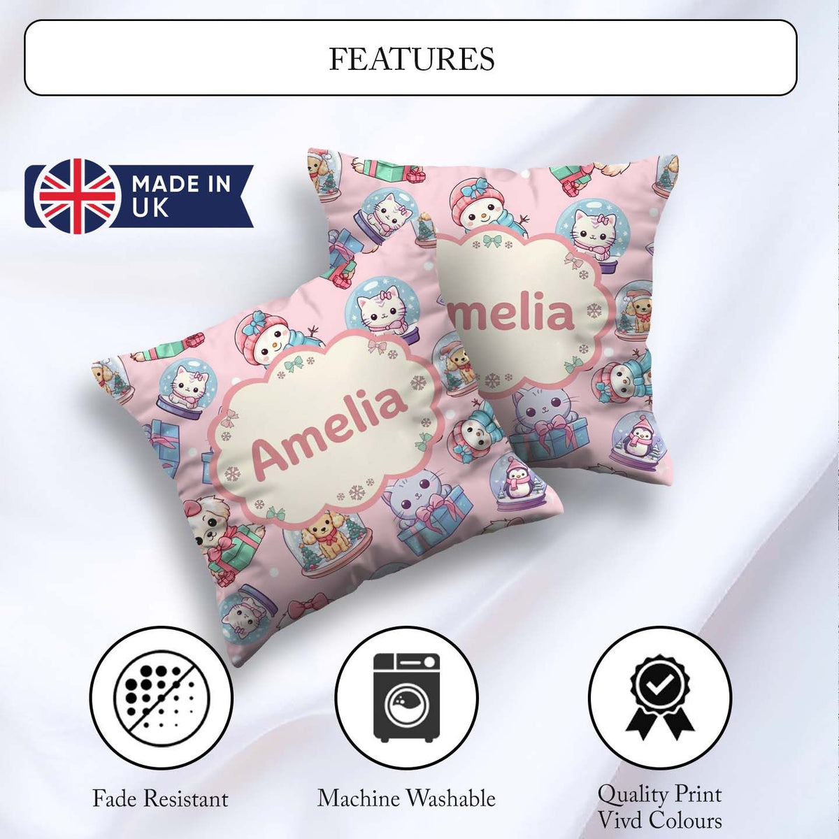 Custom Name Kittens Puppies Snow Globes Pink Background Seamless Square Filled Cushion Throw Pillow Sofa Bed Home Decor Zip Washable UK Made