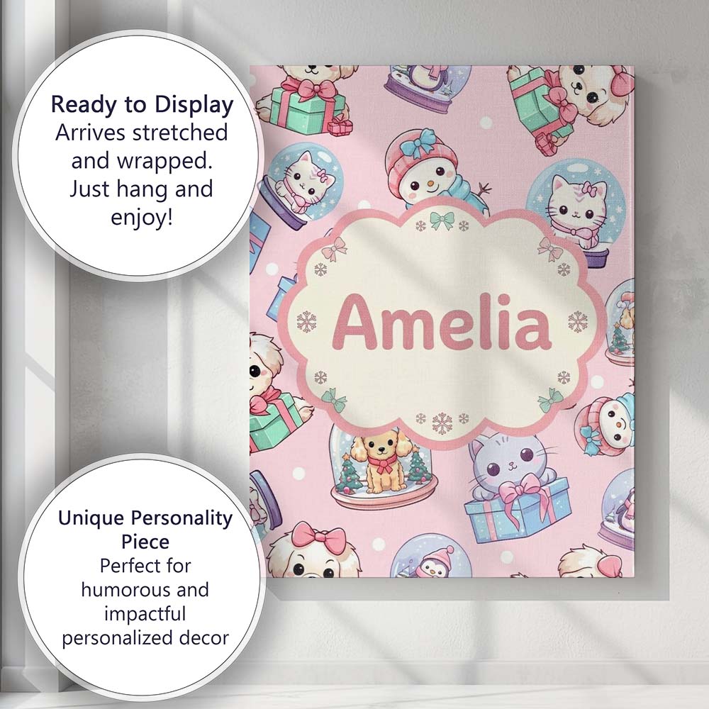 Personalised Name Cute Kittens Puppies Snow Custom Bespoke Interior Contemporary Canvas Wall Art Print Decor Picture Ready to Hang