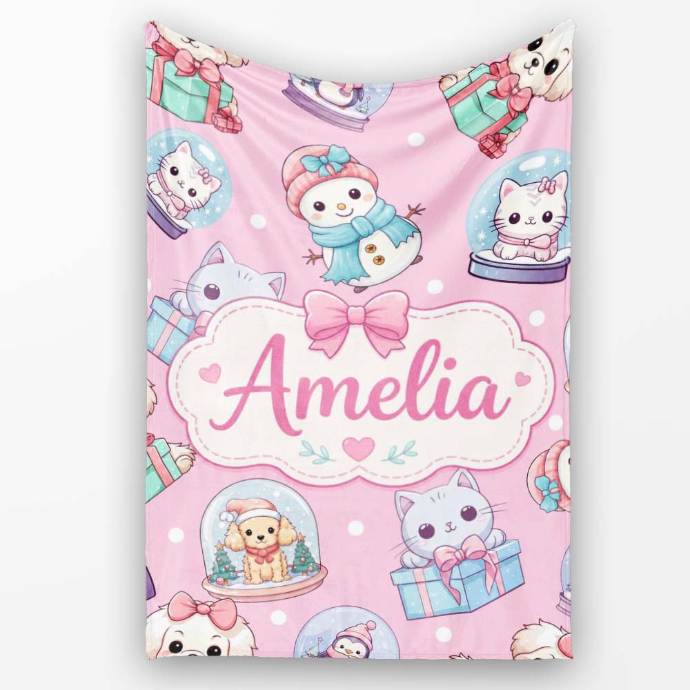 Cute Christmas Kittens Puppies Snow Globes Pink Background Seamless Personalised Custom Name Super Soft Fleece Blanket Bed Sofa Throw