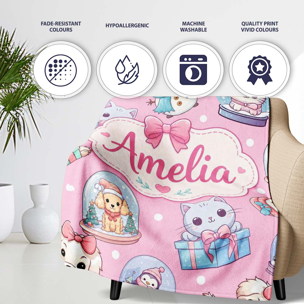 Cute Christmas Kittens Puppies Snow Globes Pink Background Seamless Personalised Custom Name Super Soft Fleece Blanket Bed Sofa Throw