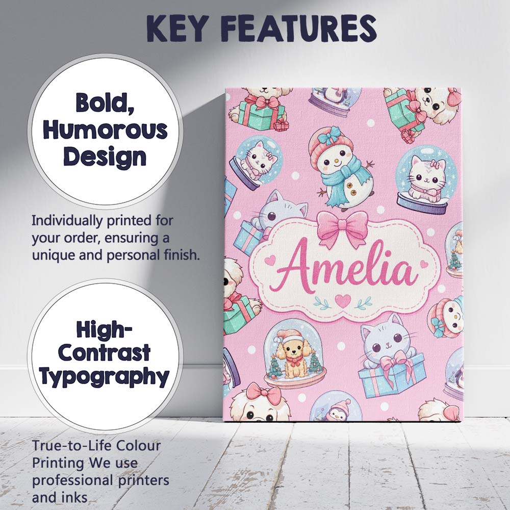 Personalised Name Cute Christmas Kittens Custom Unique Gift Idea Elegant Feature Canvas Wall Art Print Decor Picture Ready to Hang