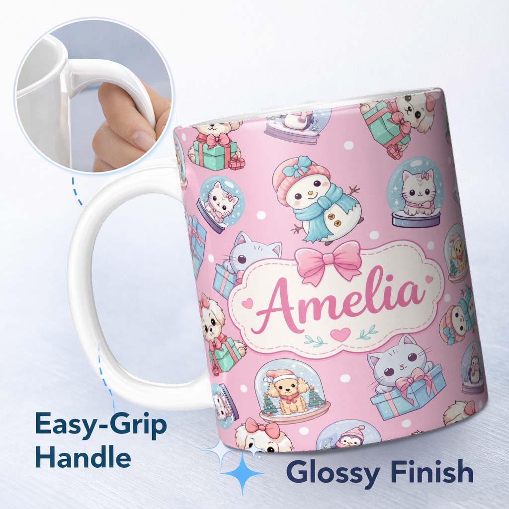 Personalized Custom Name Cute Christmas Kittens Puppies Snow Globes Pink Background Seamless 11oz Ceramic Coffee Tea Mug White Large Handle
