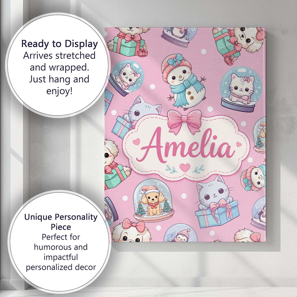 Personalised Name Cute Christmas Kittens Custom Unique Gift Idea Elegant Feature Canvas Wall Art Print Decor Picture Ready to Hang