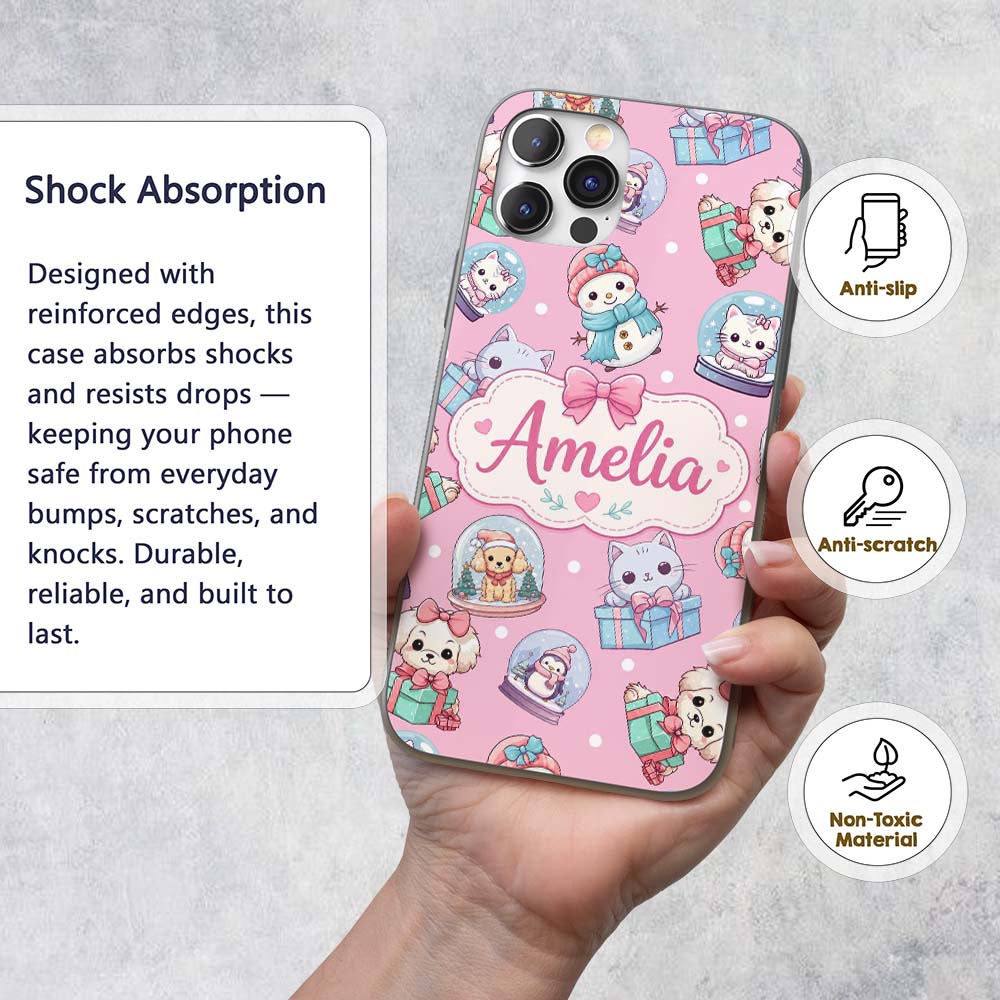 Cute Christmas Kittens Puppies Snow Globes Pink Custom Name Protective Phone Case Mobile Cover Durable Everyday Smartphone Shock Resistant
