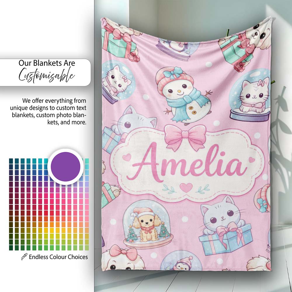 Cute Christmas Kittens Puppies Snow Globes Pink Background Seamless Personalised Custom Name Super Soft Fleece Blanket Bed Sofa Throw