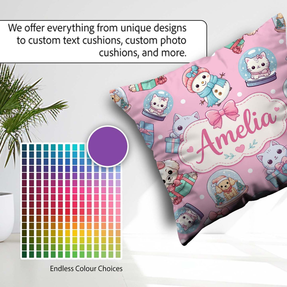 Custom Name Kittens Puppies Snow Globes Pink Background Seamless Square Filled Cushion Throw Pillow Sofa Bed Home Decor Zip Washable UK Made