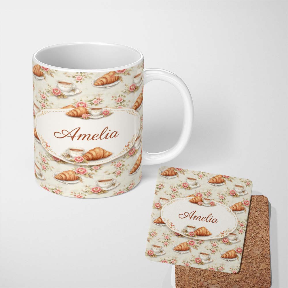 Personalized Custom Name Floral Vintage Croissant Tea Cup Seamless Pattern Shabby Chic Style 11oz Ceramic Coffee Tea Mug White Large Handle