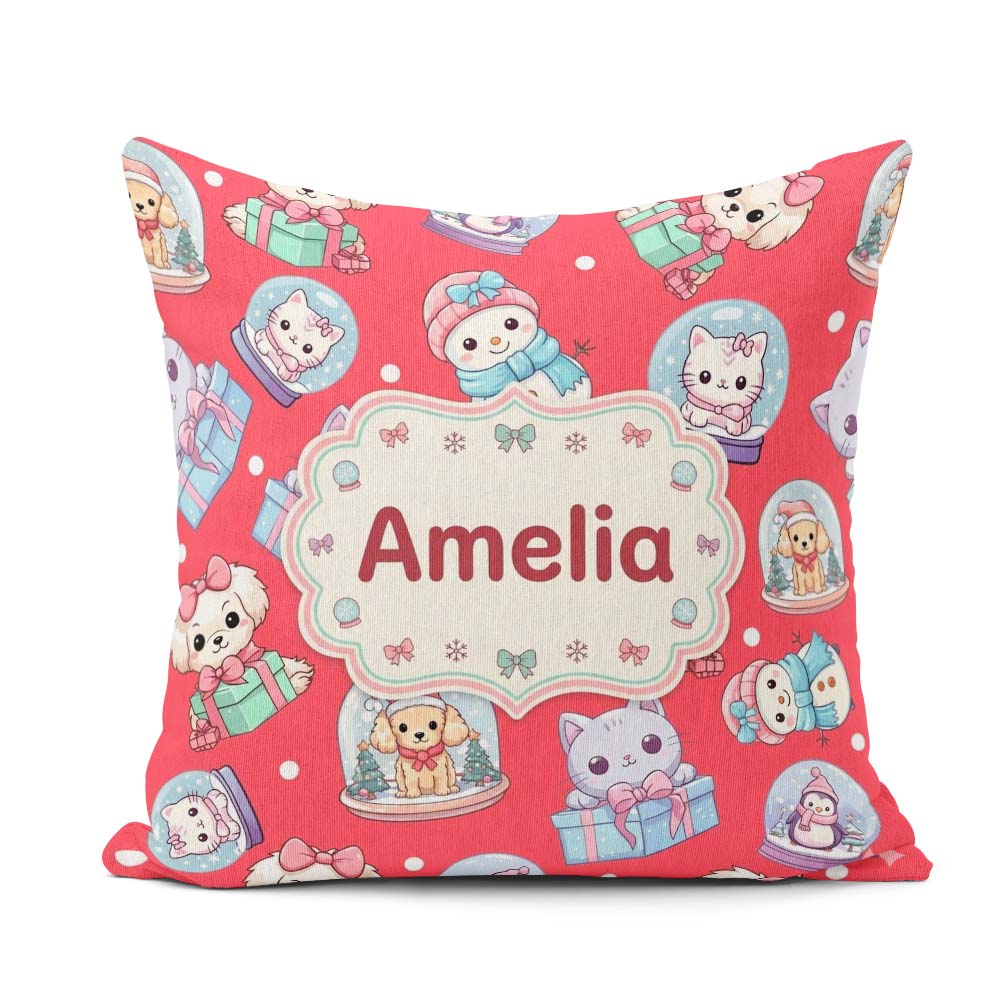 Custom Name Christmas Kittens Puppies Snow Globes Red Background Square Filled Cushion Throw Pillow Sofa Bed Home Decor Zip Washable UK Made