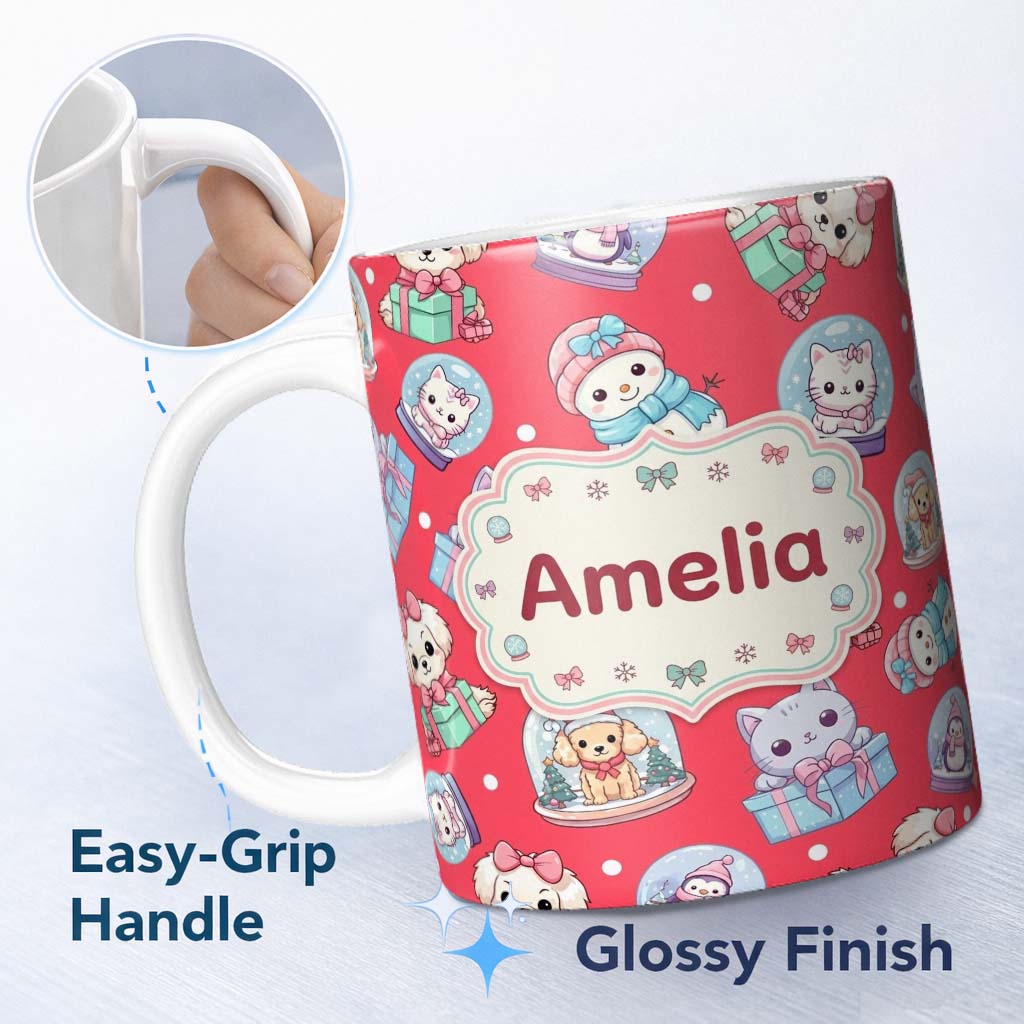 Personalized Custom Name Cute Christmas Kittens Puppies Snow Globes Red Background Seamless 11oz Ceramic Coffee Tea Mug White Large Handle