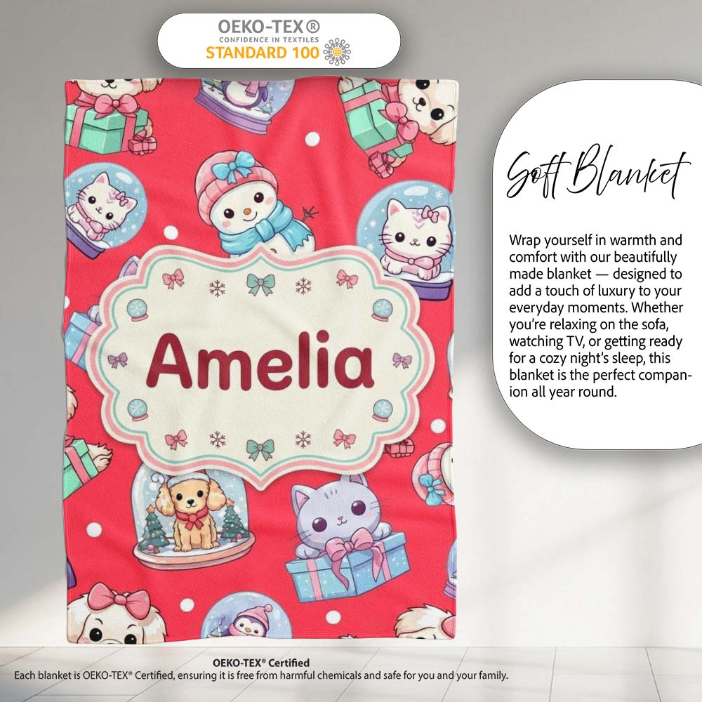 Cute Christmas Kittens Puppies Snow Globes Red Background Seamless Personalised Custom Name Super Soft Fleece Blanket Bed Sofa Throw