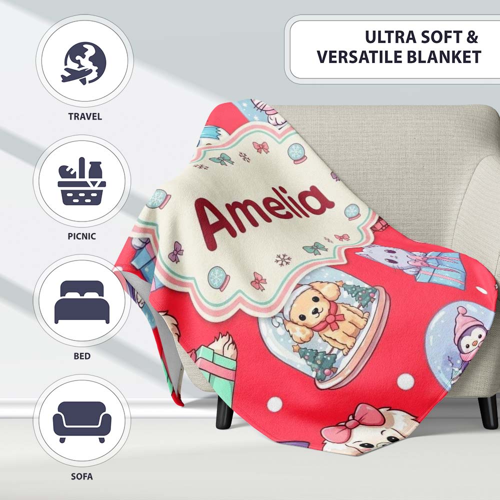 Cute Christmas Kittens Puppies Snow Globes Red Background Seamless Personalised Custom Name Super Soft Fleece Blanket Bed Sofa Throw