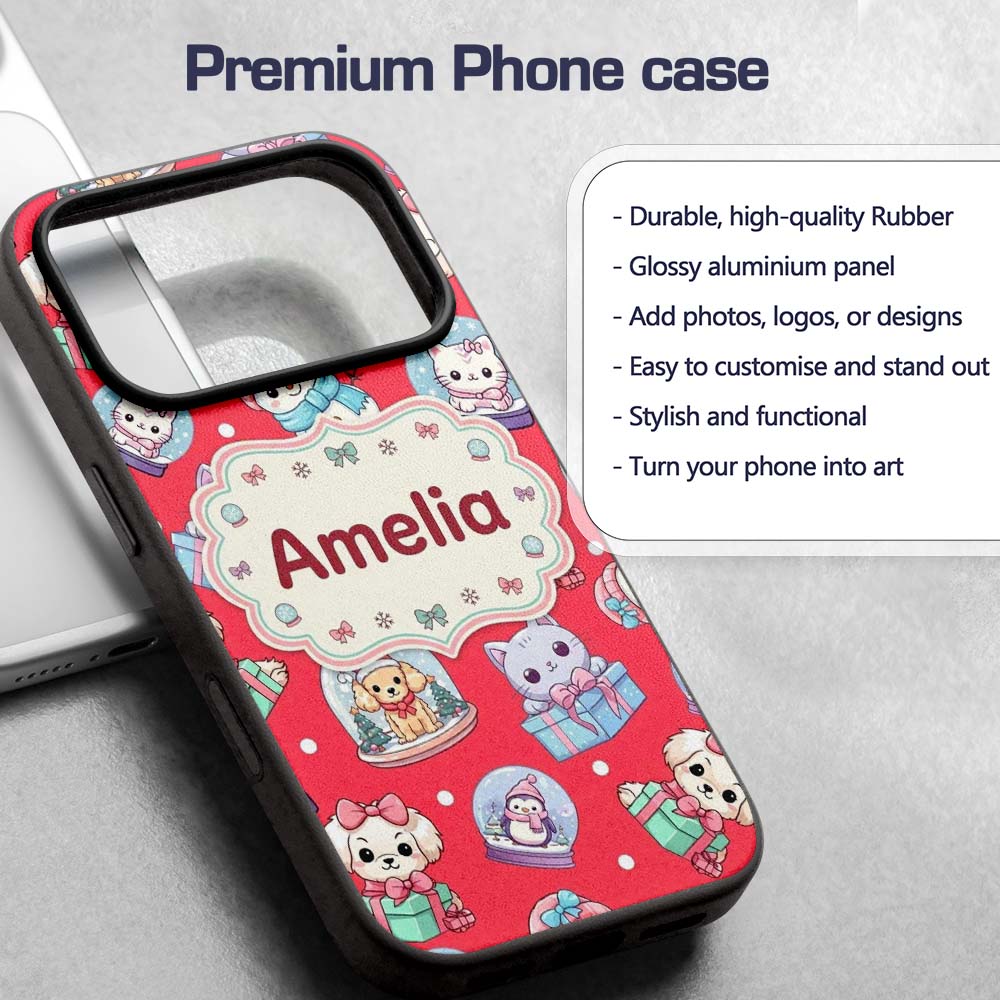 Cute Christmas Kittens Puppies Snow Globes Red Custom Name Protective Phone Case Mobile Cover Durable Everyday Smartphone Shock Resistant