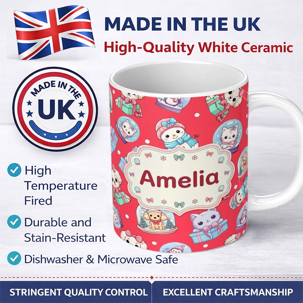 Personalized Custom Name Cute Christmas Kittens Puppies Snow Globes Red Background Seamless 11oz Ceramic Coffee Tea Mug White Large Handle