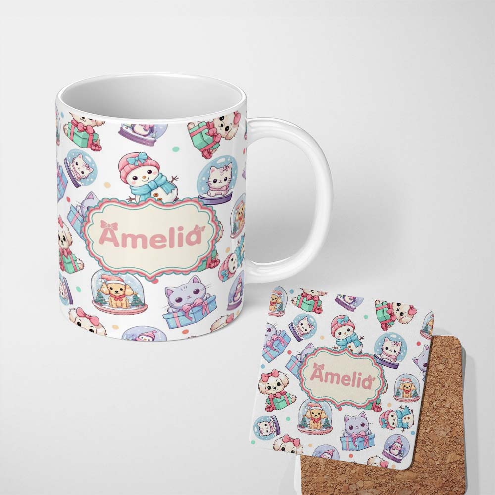 Personalized Custom Name Cute Christmas Kittens Puppies Snow Globes White Background 11oz Ceramic Coffee Tea Mug White Large Handle