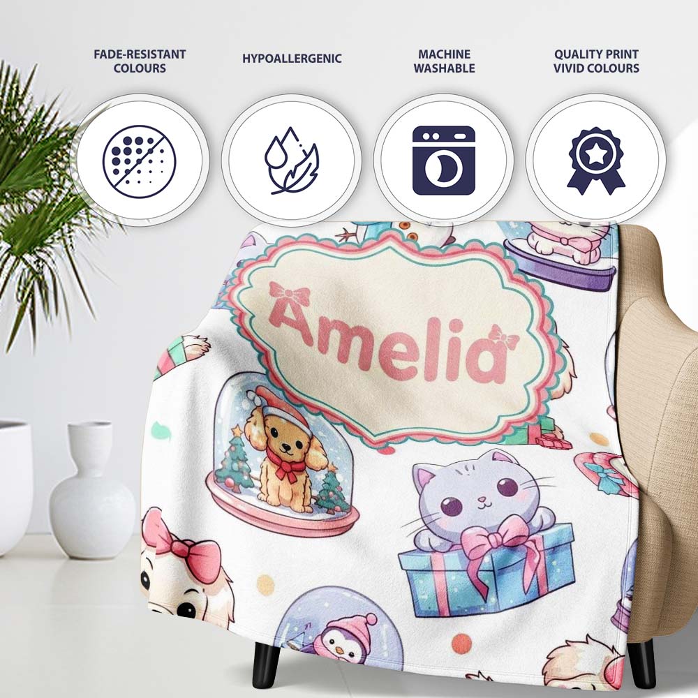 Cute Christmas Kittens Puppies Snow Globes White Background Personalised Custom Name Super Soft Fleece Blanket Bed Sofa Throw