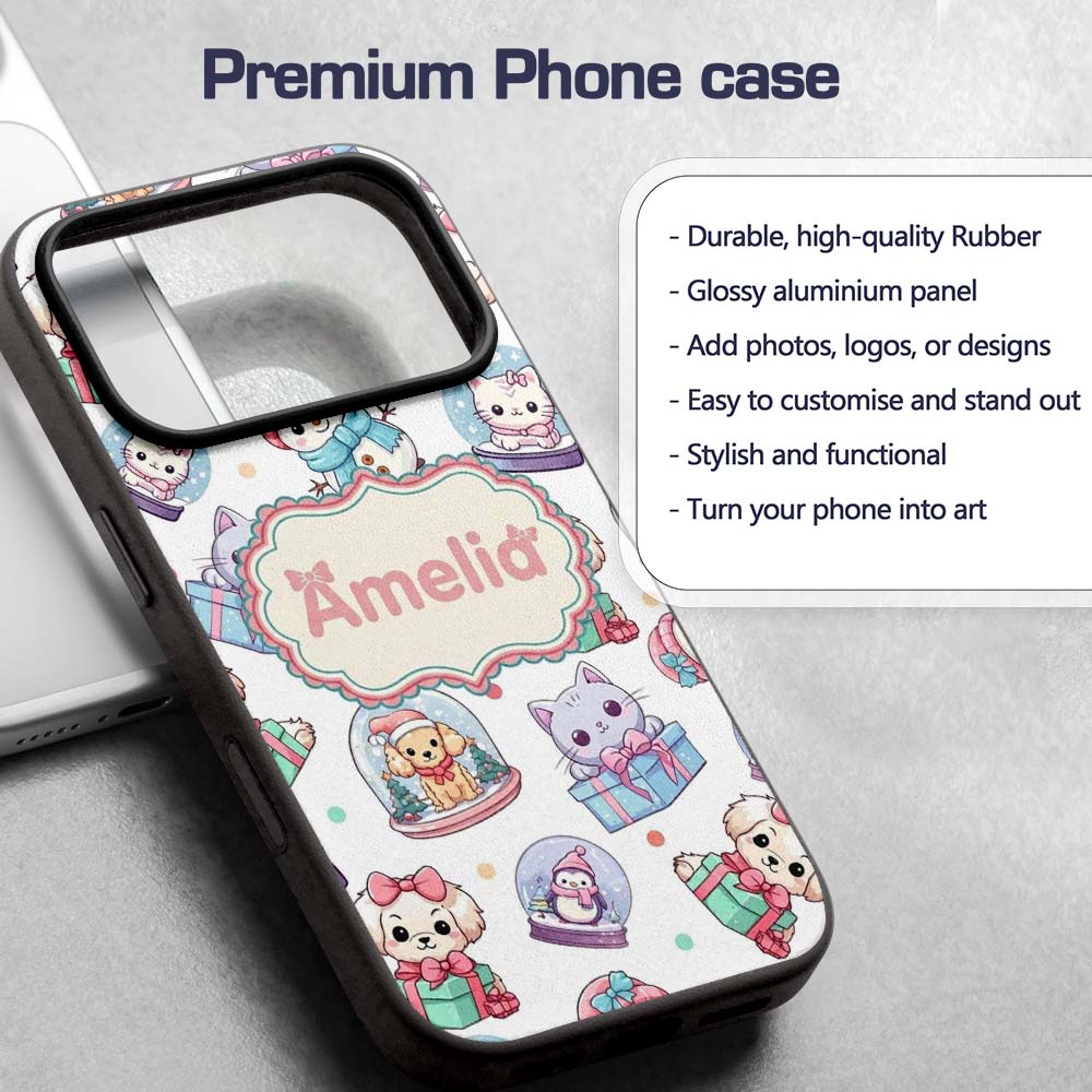 Cute Christmas Kittens Puppies Snow Globes White Custom Name Protective Phone Case Mobile Cover Durable Everyday Smartphone Shock Resistant