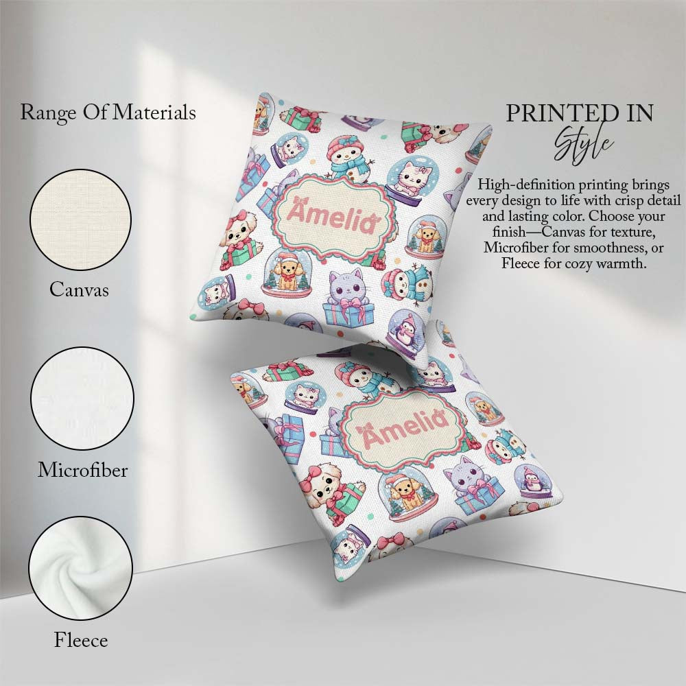 Custom Name Cute Christmas Kittens Puppies Snow White Background Square Filled Cushion Throw Pillow Sofa Bed Home Decor Zip Washable UK Made
