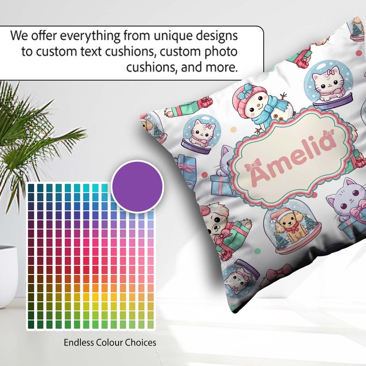 Custom Name Cute Christmas Kittens Puppies Snow White Background Square Filled Cushion Throw Pillow Sofa Bed Home Decor Zip Washable UK Made