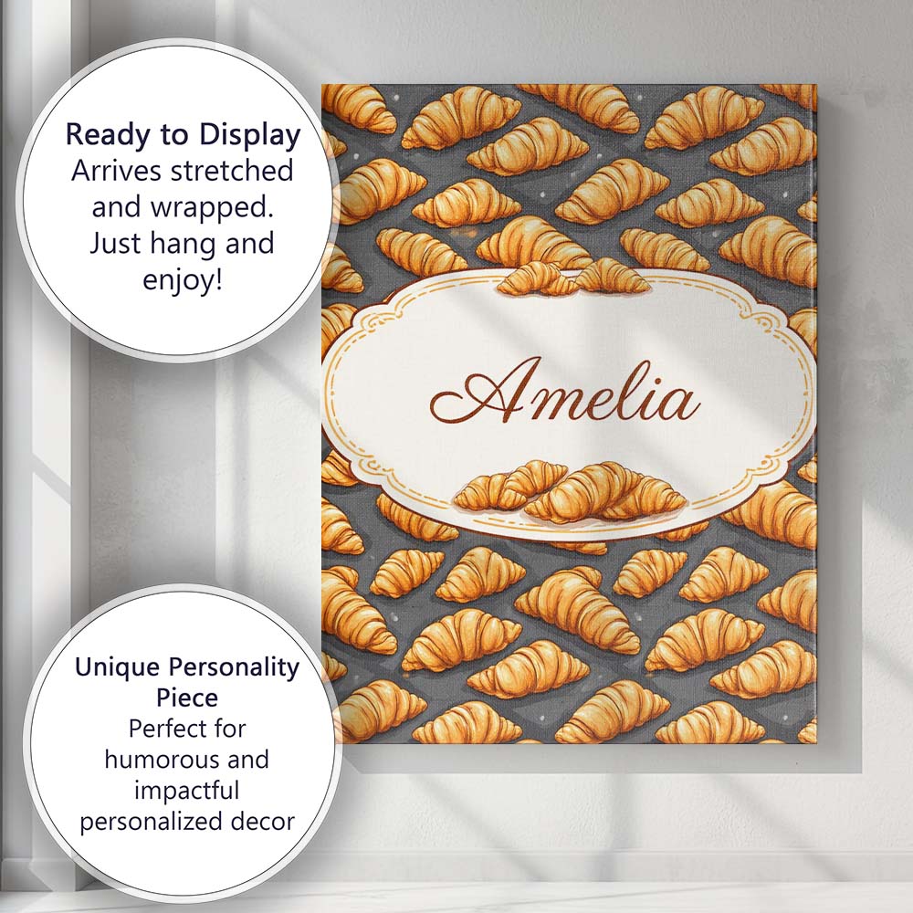 Personalised Name Classic Croissant on Dark Blue Background Repeating Custom Home Unique Canvas Wall Art Print Decor Picture Ready to Hang