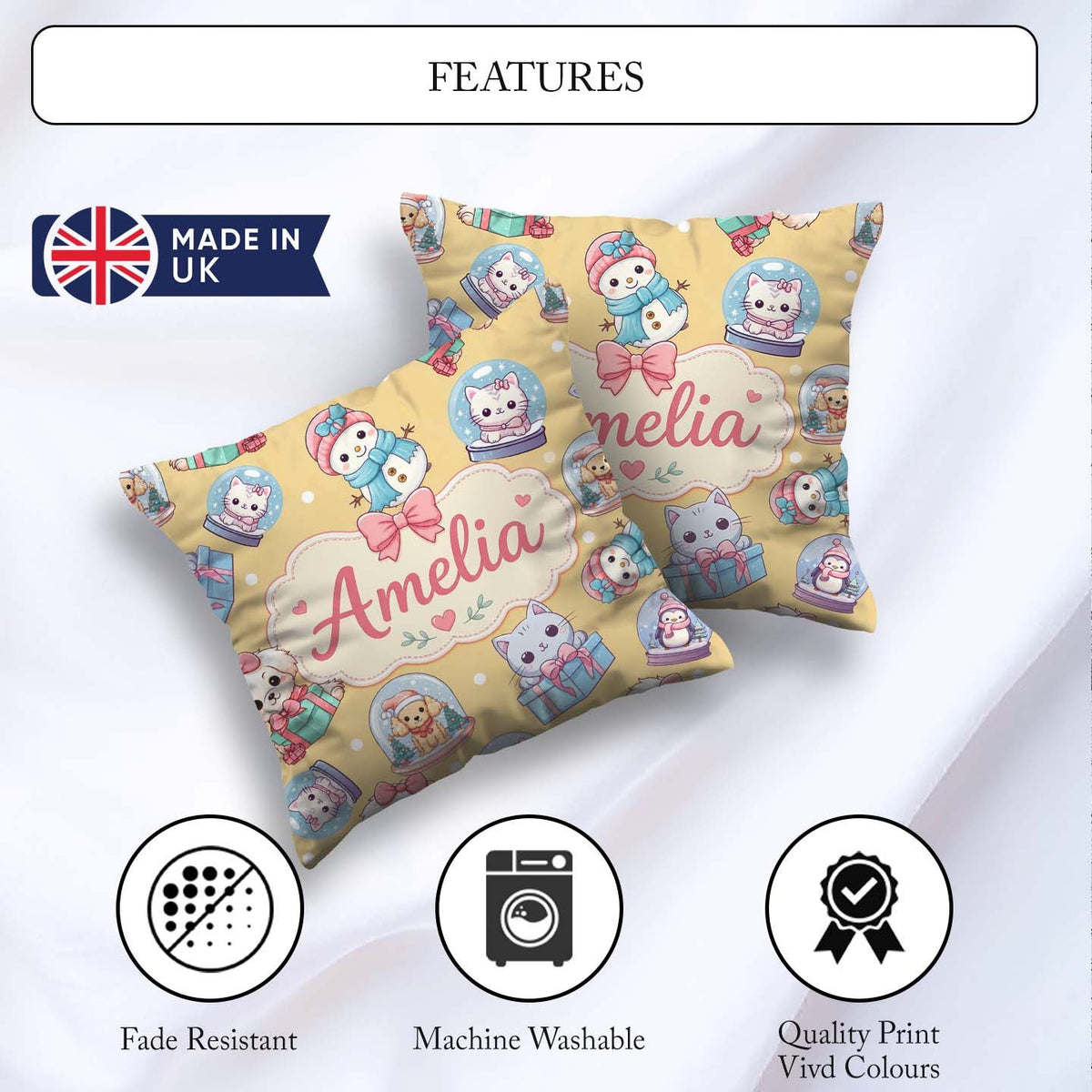 Custom Name Kittens Puppies Snow Globes Gold Background Seamless Square Filled Cushion Throw Pillow Sofa Bed Home Decor Zip Washable UK Made
