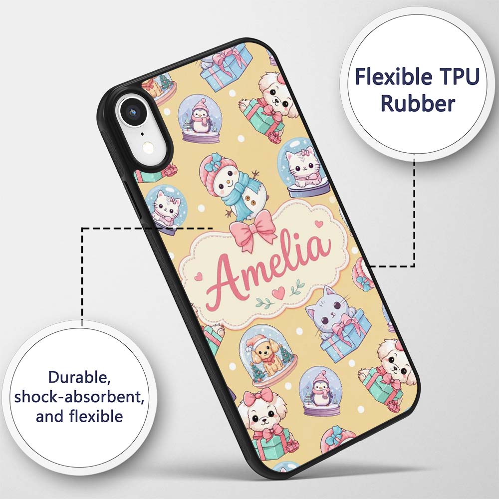 Cute Christmas Kittens Puppies Snow Globes Gold Custom Name Protective Phone Case Mobile Cover Durable Everyday Smartphone Shock Resistant