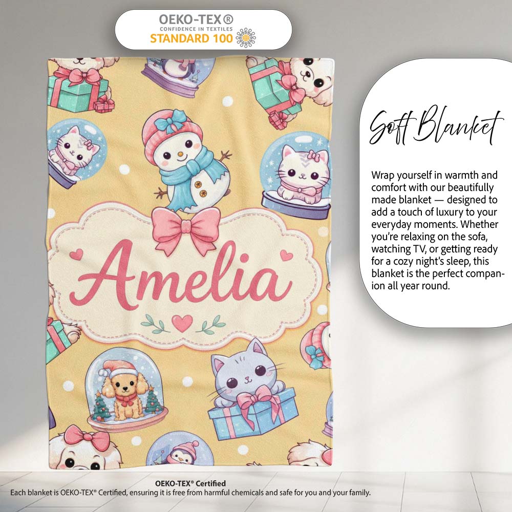 Cute Christmas Kittens Puppies Snow Globes Gold Background Seamless Personalised Custom Name Super Soft Fleece Blanket Bed Sofa Throw