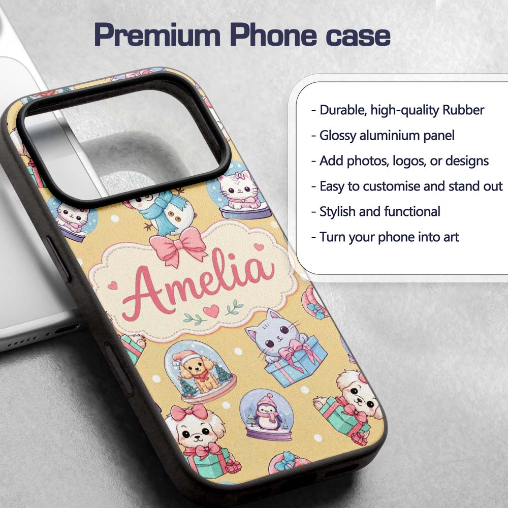 Cute Christmas Kittens Puppies Snow Globes Gold Custom Name Protective Phone Case Mobile Cover Durable Everyday Smartphone Shock Resistant
