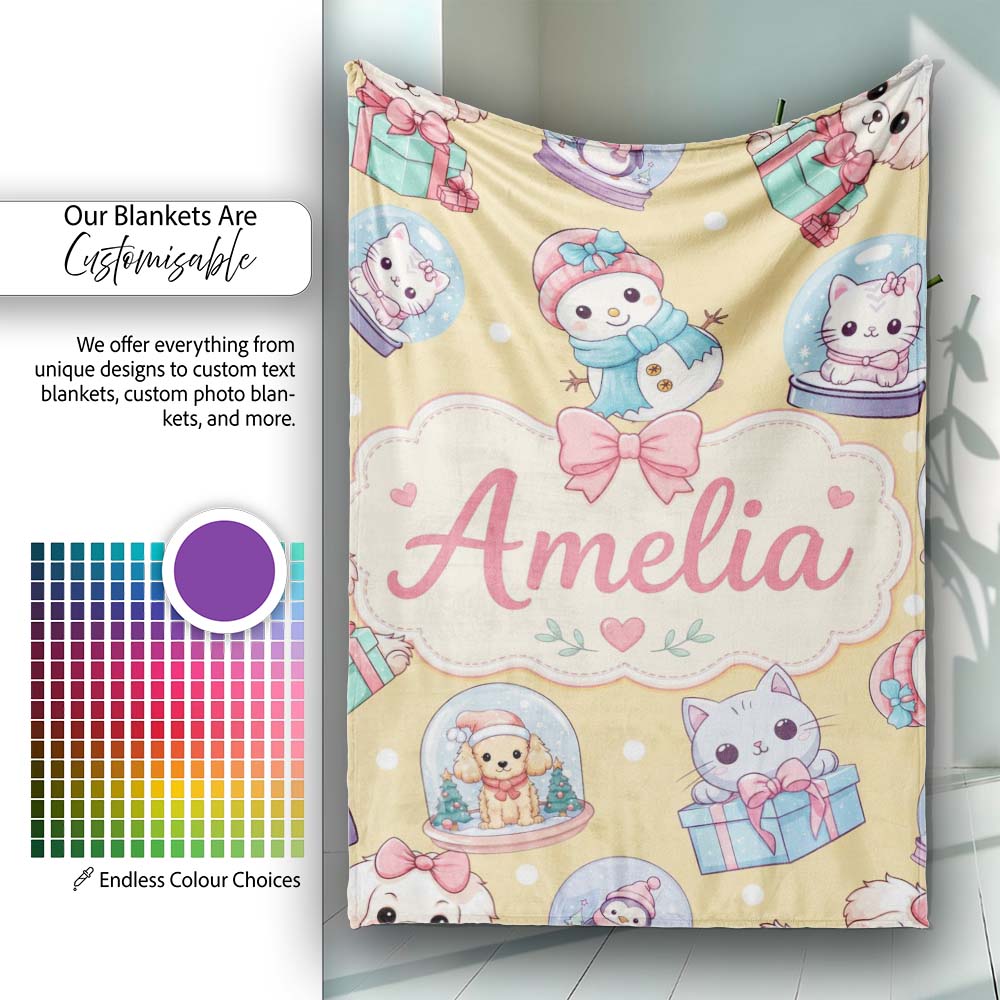 Cute Christmas Kittens Puppies Snow Globes Gold Background Seamless Personalised Custom Name Super Soft Fleece Blanket Bed Sofa Throw