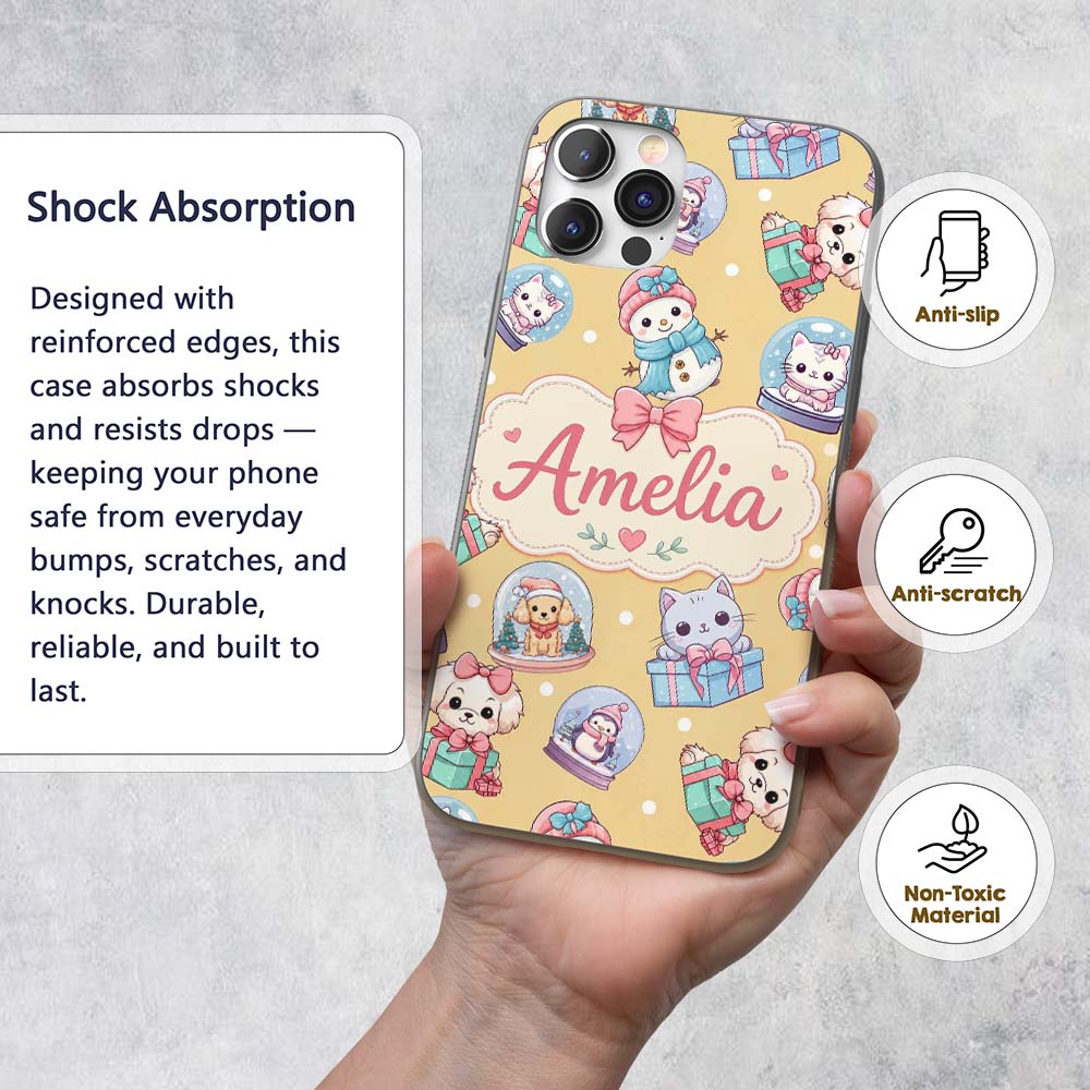 Cute Christmas Kittens Puppies Snow Globes Gold Custom Name Protective Phone Case Mobile Cover Durable Everyday Smartphone Shock Resistant