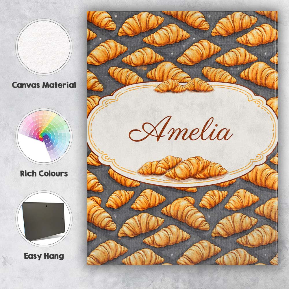 Personalised Name Classic Croissant on Dark Blue Background Repeating Custom Home Unique Canvas Wall Art Print Decor Picture Ready to Hang