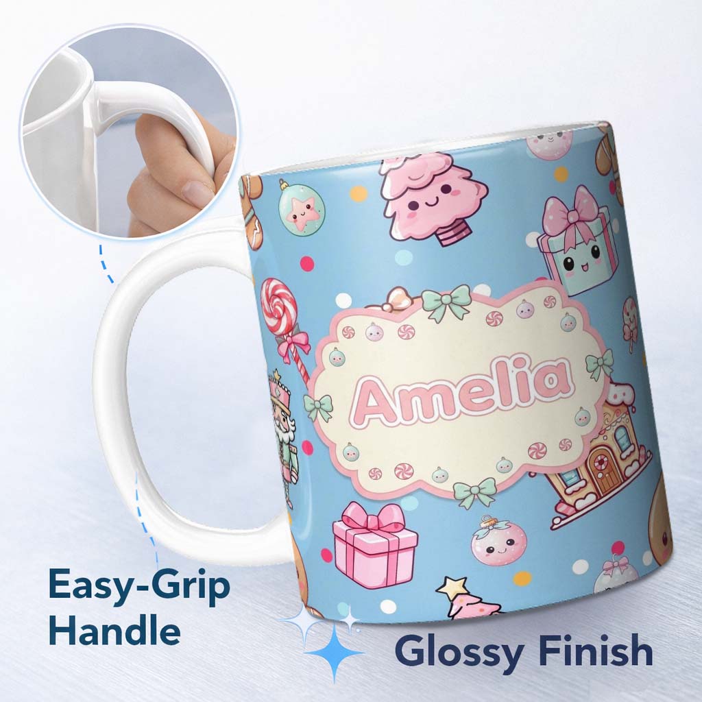 Personalized Custom Name Cute Gingerbread Candy House Sweets Blue Background Seamless 11oz Ceramic Coffee Tea Mug White Large Handle