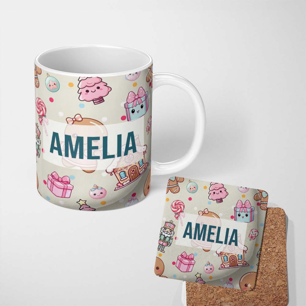 Personalized Custom Name Cute Gingerbread Candy House Sweets Cream Background Seamless 11oz Ceramic Coffee Tea Mug White Large Handle